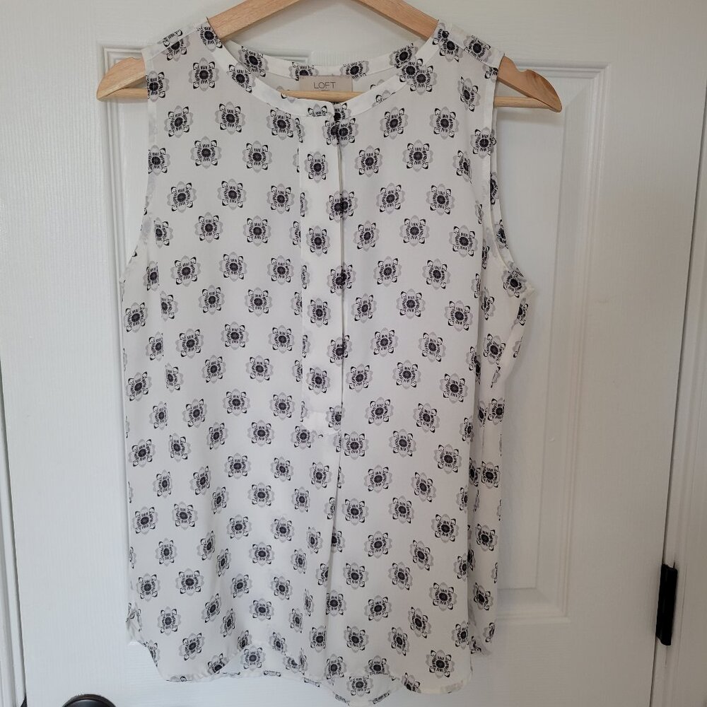 LOFT Sleeveless Blouse Cream Black Floral Print size small